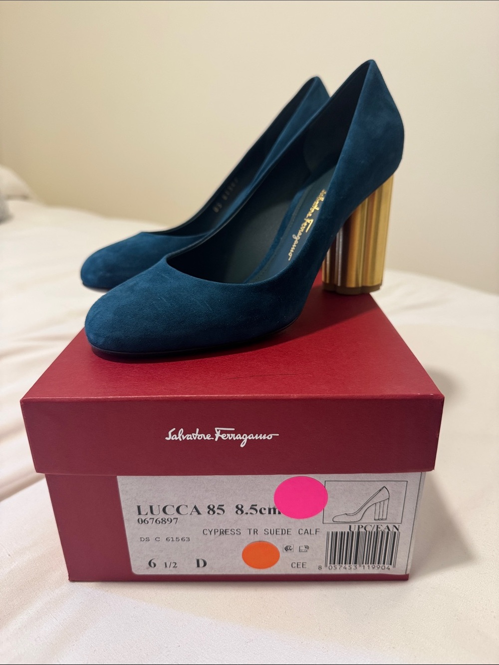 Salvatore Ferragamo Cypress Suede Pumps in Deep Teal with Gold Heel